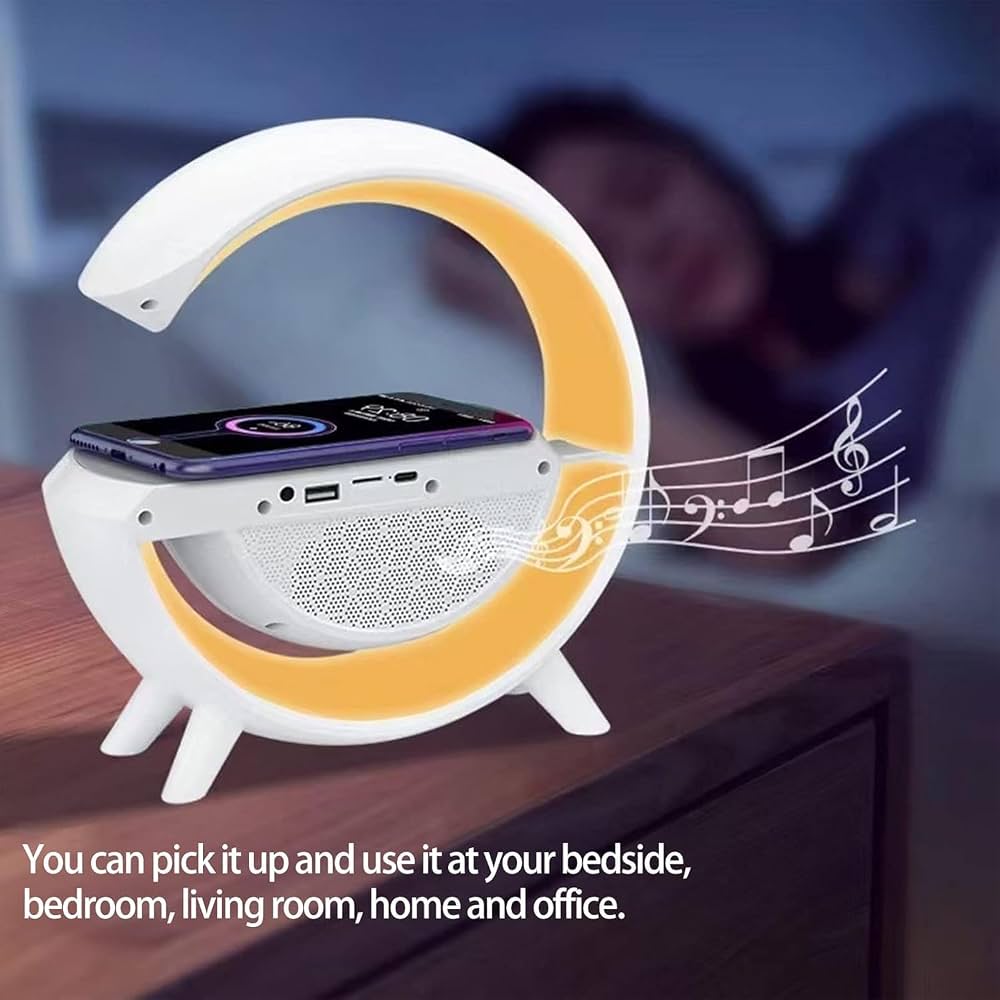 3-in-1 RGB LED Wireless Charging Speaker – Music Sync Ambient Light + Fast Qi Charger + Bluetooth Stereo Sound | Modern Bedside Lamp