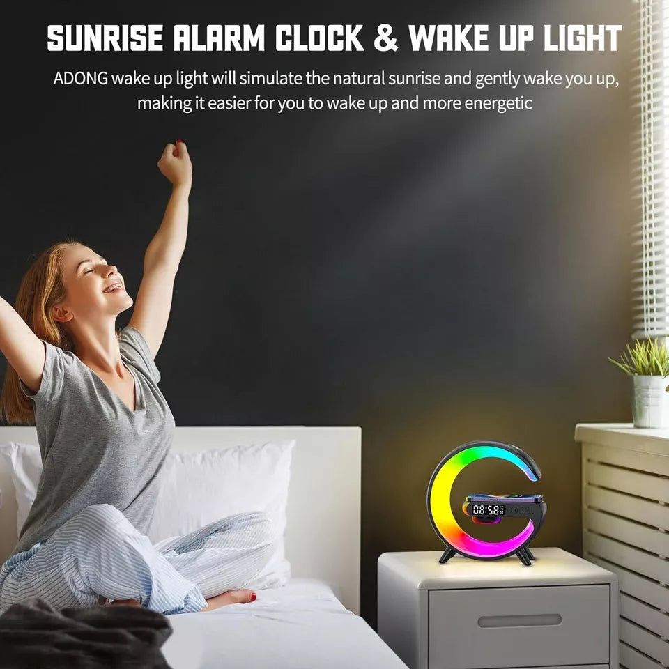 3-in-1 RGB LED Wireless Charging Speaker – Music Sync Ambient Light + Fast Qi Charger + Bluetooth Stereo Sound | Modern Bedside Lamp